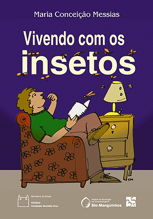 Livros dos Insetos - Capa em azul com ilustração de homem sentado lendo livro, vendo inseto voando.